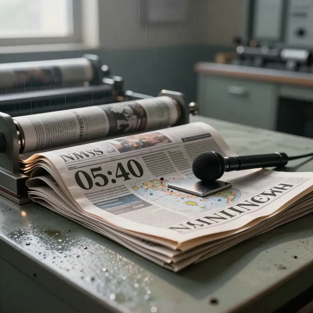 Pacchi di giornali freschi di stampa, microfono e mappa d’Italia in una tipografia al buio.