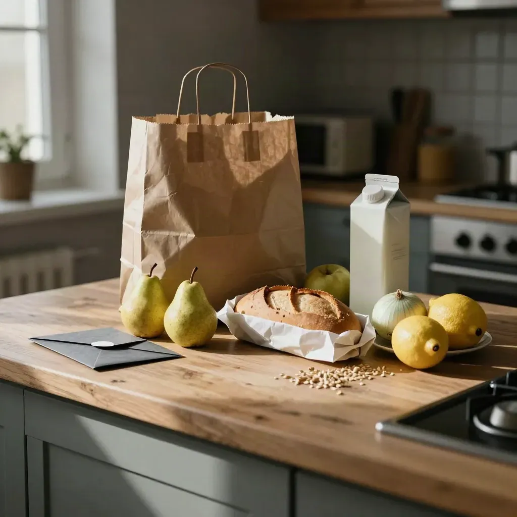 Spesa minima su un tavolo di cucina: frutta, pane, busta condominiale e luce grigia