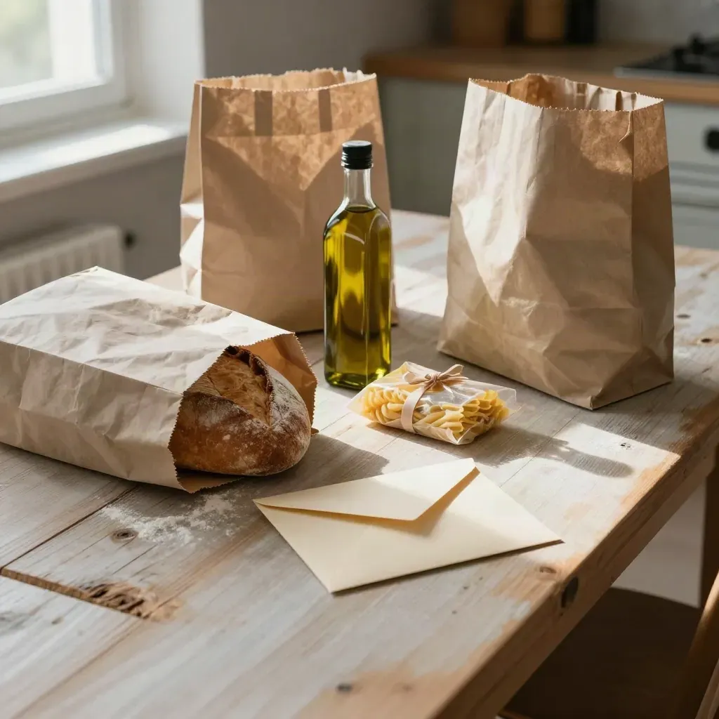 Tavolo di cucina con spesa, pane, pasta, olio e busta capovolta in luce fredda.