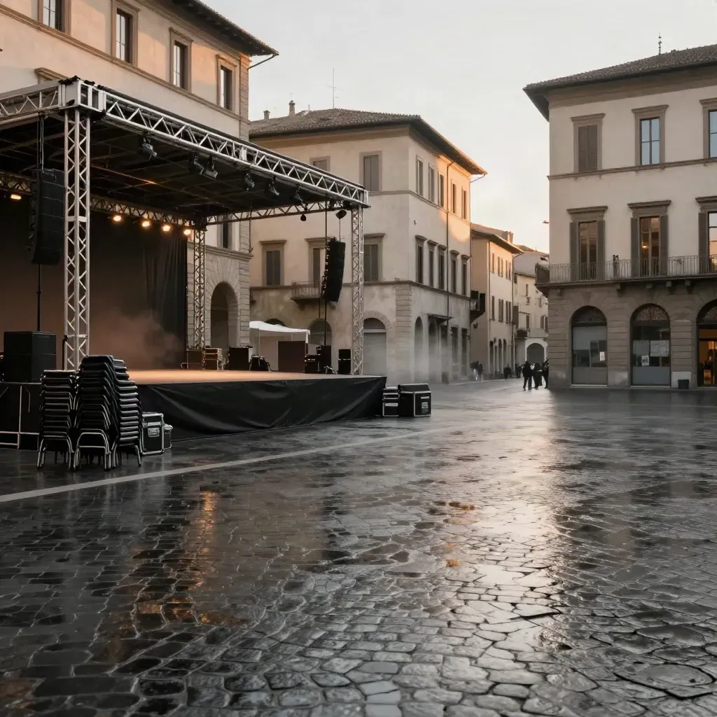 Piazza storica vuota dopo un festival, palco spento e selciato bagnato sotto luci calde