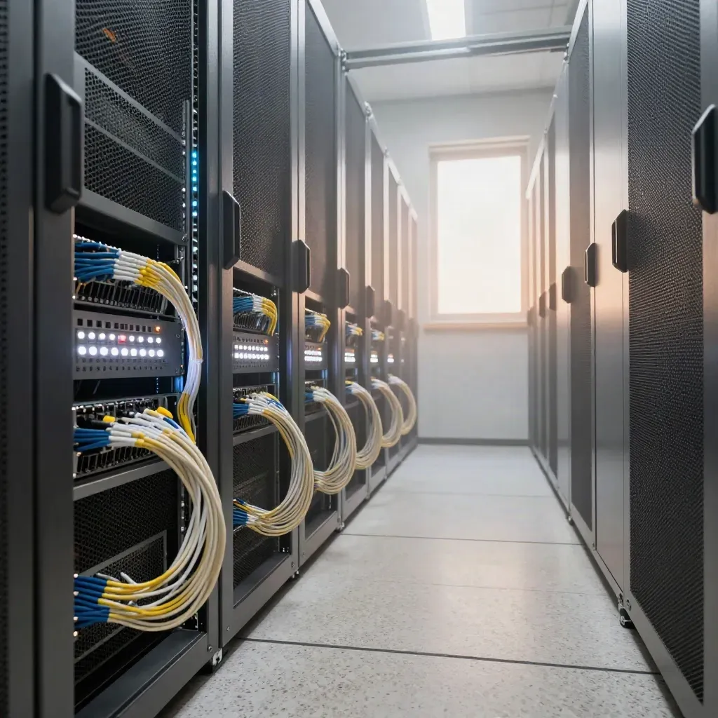 Corridoio di server con led bianchi, cavi ordinati e foschia tecnica in profondità.