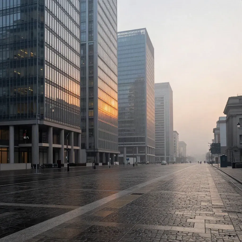 Piazza Affari all’alba, facciate di vetro e pavé bagnato con nebbia leggera.