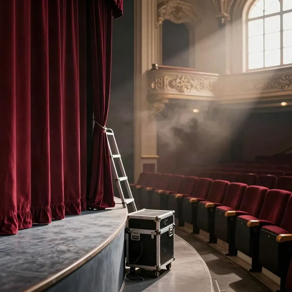 Sipario rosso in un teatro vuoto, casse di scena e polvere nella luce di servizio.