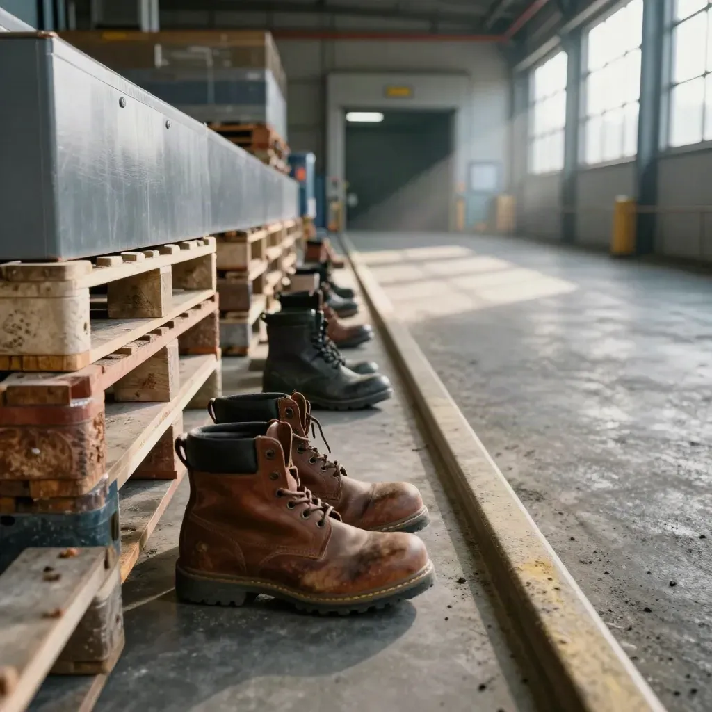 Fila di scarpe da lavoro, pallet d’acciaio e banchina vuota in un magazzino