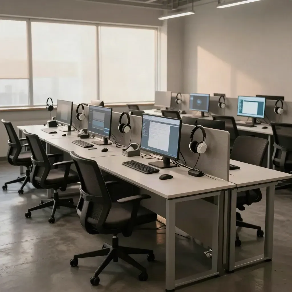 Redazione vuota con monitor accesi, cuffie e sedie allineate, atmosfera tecnologica.