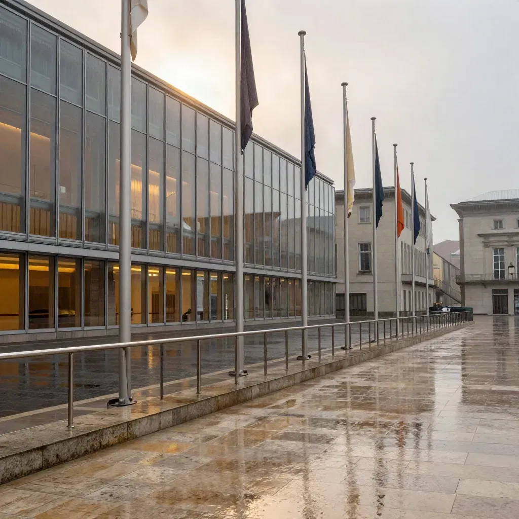 Piazza europea bagnata con facciate di vetro, bandiere ferme e riflessi sul selciato.