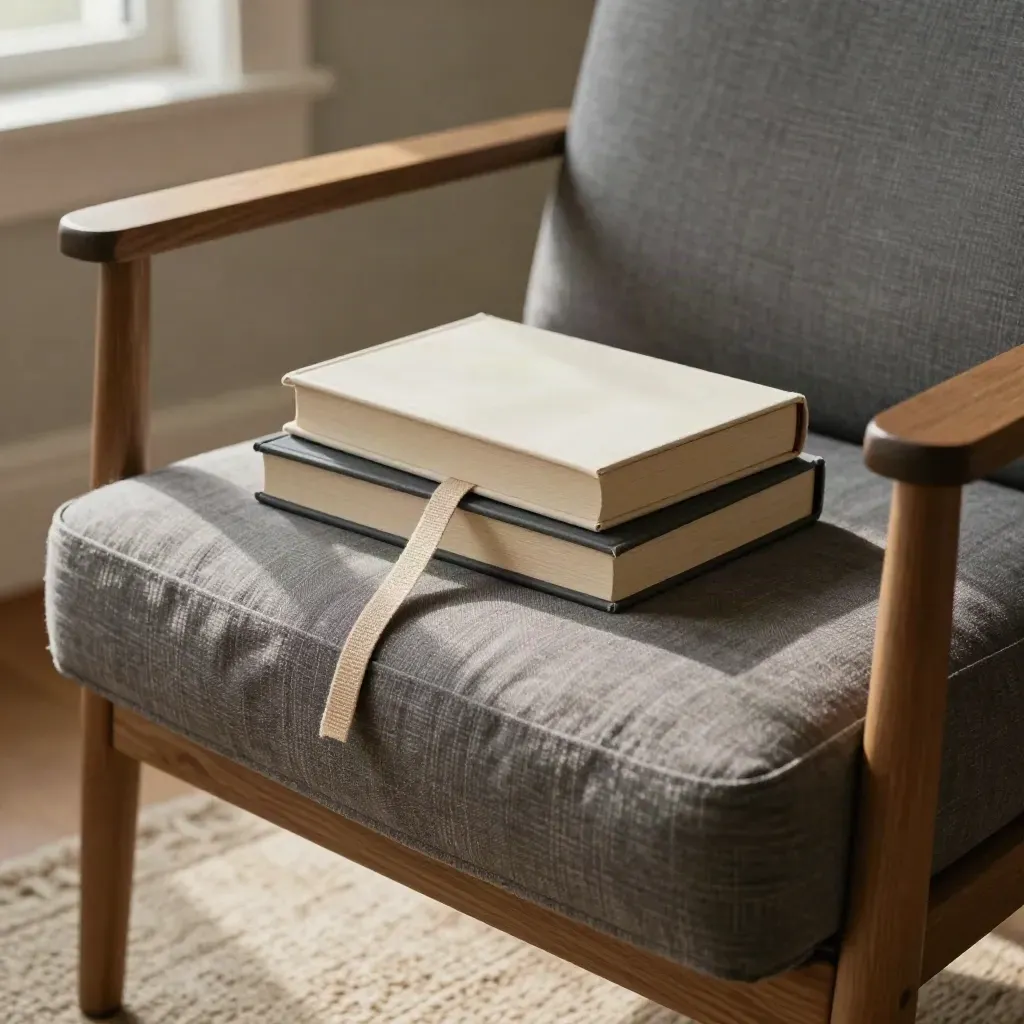 Poltrona da lettura con due libri chiusi, segnalibro e plaid di lana, luce morbida dalla finestra.
