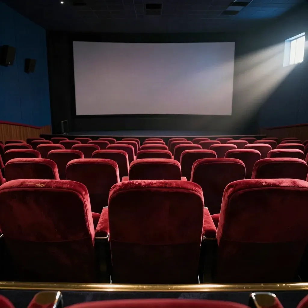 Sala cinema vuota con schermo spento, velluto rosso e cabina di proiezione nel buio.