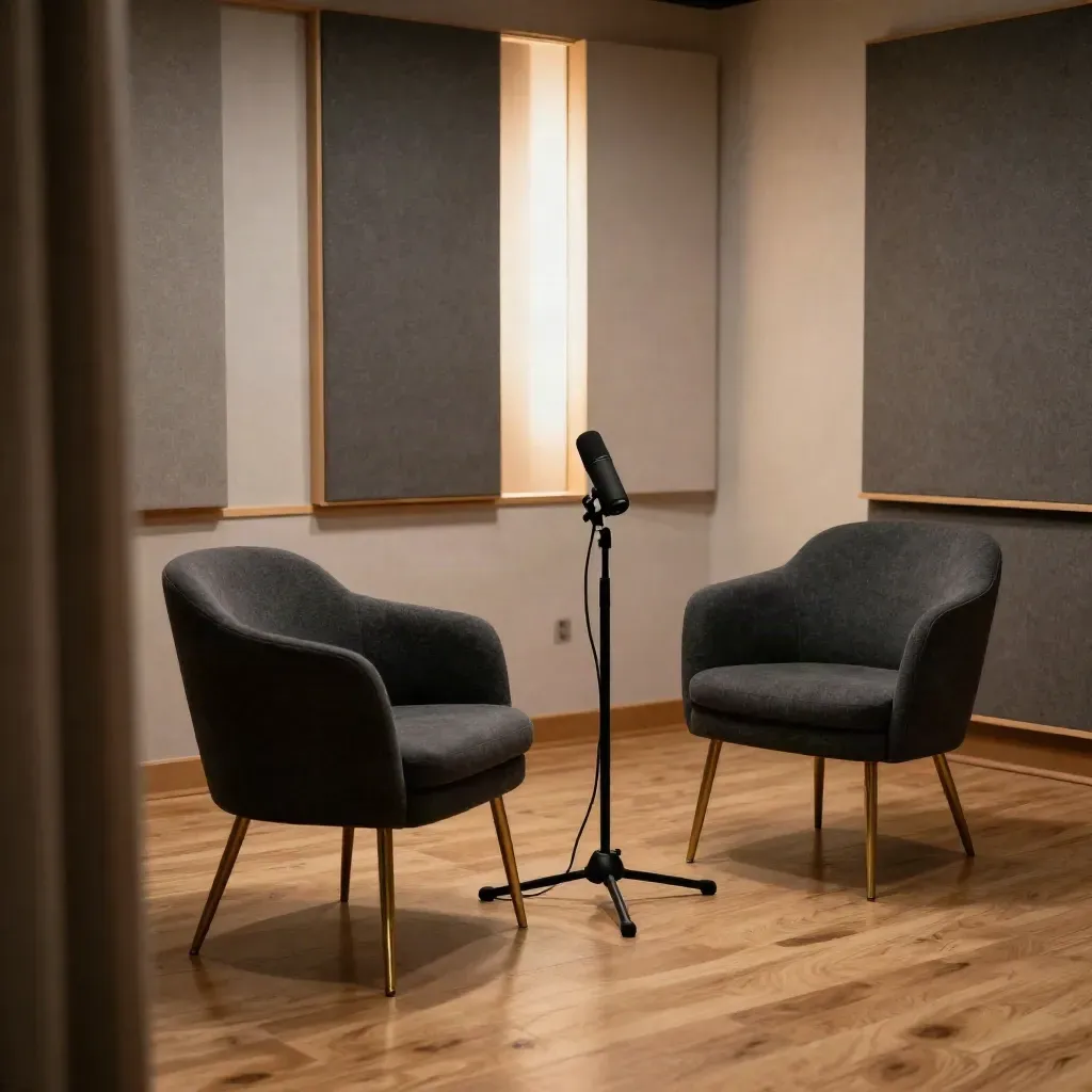 Due poltrone vuote e un microfono in uno studio interviste ovattato, con pannelli acustici e luce calda.