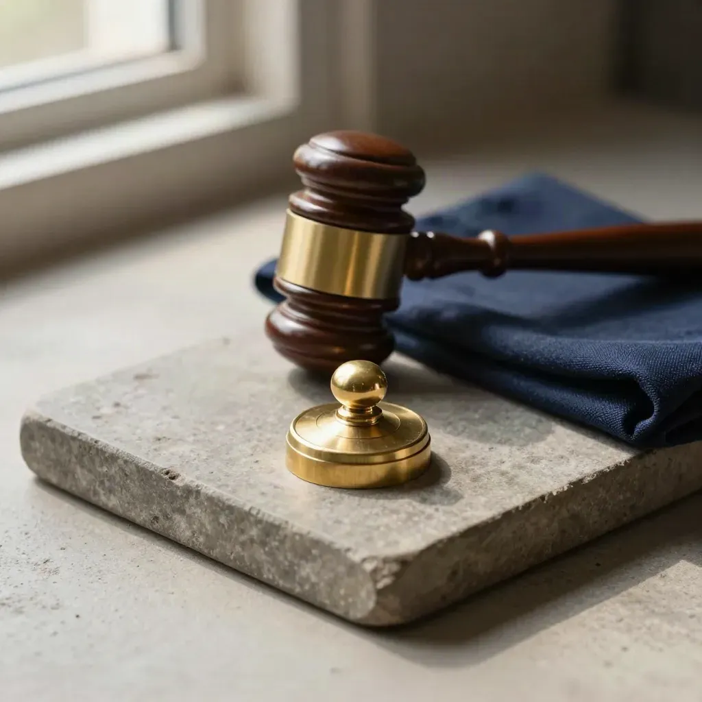 Sigillo istituzionale in ottone con martelletto e panno blu su vassoio di pietra