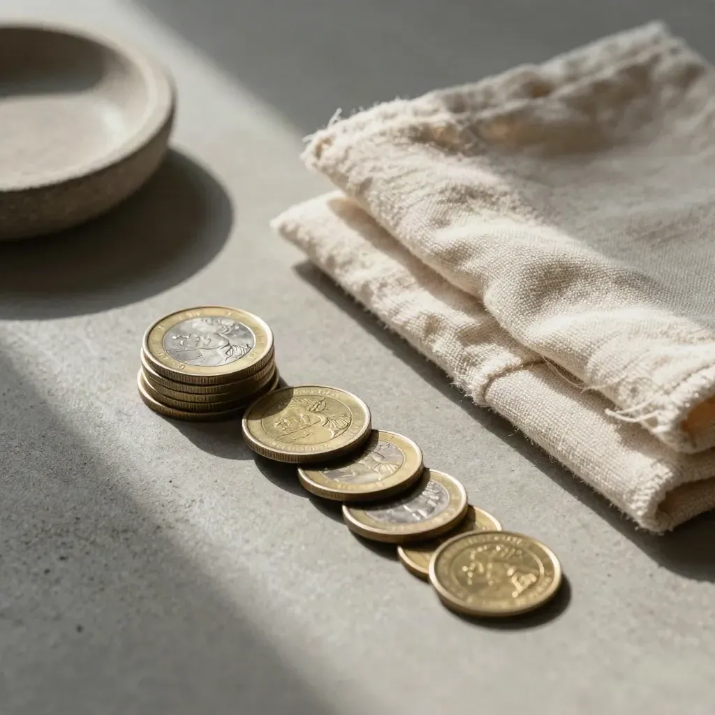 Monete in equilibrio su lino grezzo e peso metallico su pietra chiara.