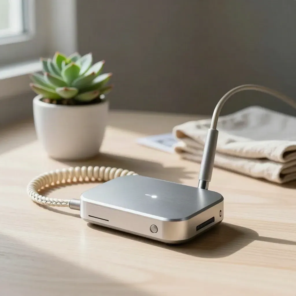 Router in alluminio, cavo intrecciato e piccola succulenta su legno chiaro.